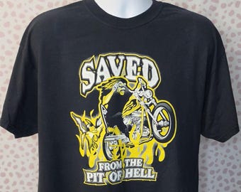 Saved from the Pit of Hell Vintage Biker Tee, Soldiers for Jesus, Christian Motorcycle Club T-Shirt, Back Print, Men's Size XL