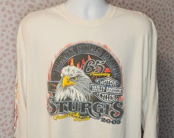 Harley Davidson Long Sleeve White T-Shirt, 2005 Sturgis Black Hills Rally, Print on back & along both sleeves, Men's Size XL