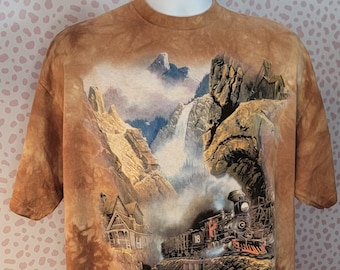1999 Railroad Mountain Landscape The Mountain Tee, Brown Tie Dyed, Men's Size 2X, Vintage Nature Tee, Vintage Recycle Wear Collection
