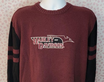 Harley Davidson Burgundy Varsity Stripe Sweater, Embroidered on front & back, Men's Size Large