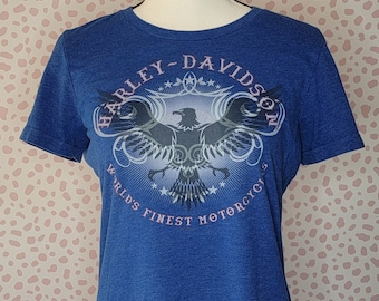 Harley Davidson Motorcycle Fitted Women's Tee, Size XL, Royal Blue, Hays KS, From Our Vintage Recycle Wear Collection