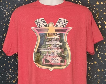 Vintage Formula One Race Cars Iron On T-Shirt, Racing Checkered Flag, Gildan Heavy Cotton Men's Size Large, Heathered Red