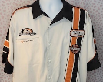 Harley Davidson Racing Button Up Short Sleeve Shirt, Screaming Eagle, Embroidered on Front, Back, Shoulder & Patches on front, Men's Size XL