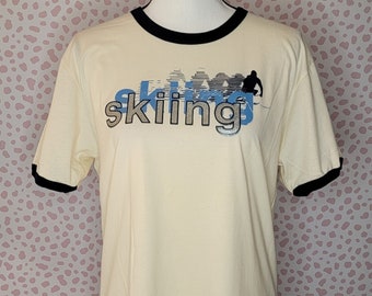 Vintage Skiing Iron On Ringer Tee, Graphic is distressed, Natural/Navy Blue Ringer, Men's Size Medium