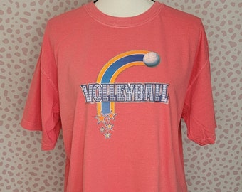 Vintage Volleyball Rainbow Stars Graphic Tee, Comfort Colors Watermelon Color T-shirt, Men's Size Large