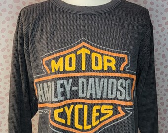 Vintage 1989 Harley Davidson Waffle Long Sleeve Crop Shirt, Women's Size XL, Rare Find