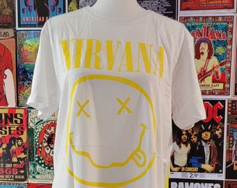 Nirvana Yellow Happy Face Vintage Style White Band Tee, Men's Size