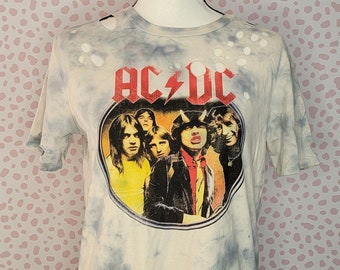 ACDC Highway to Hell Distressed Tie Dyed Band Tee, Antique White/Gray with Holes, Men's Size Medium