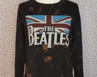 The Beatles Distressed Long Sleeve Crop Top Vintage Style Band Tee, Union Jack Flag, Women's Size 2X