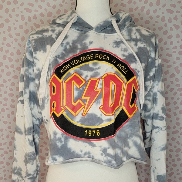 ACDC High Voltage Rock N' Roll 1976 Vintage Style Band Tie Dye Crop Hoodie, Juniors Women's Size Medium