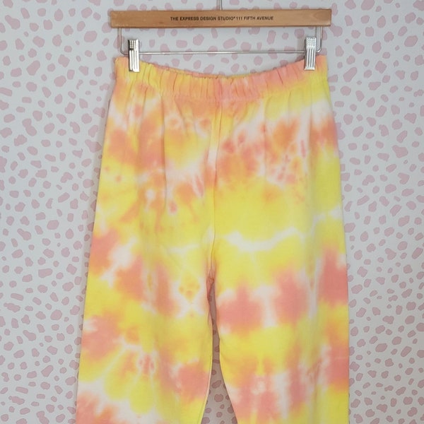 Orange Coral & Yellow Tie Dye Sweatpants, Super Soft, Sweatpants have a draw string and elastic ankles, Men's Size Small