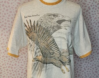 Vintage 90's Golden Eagle Ringer Tee, Hazelwoods Vintage Tee, Rocky Mountain National Park, Men's size Large, Vintage Recycle Wear