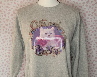 Vintage Cute & Cuddly Kitten Glitter Iron On Sweatshirt, Light Gray Sweatshirt, Gildan Heavy Blend Men's Size Medium