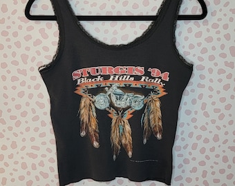 3D Emblem Vintage Sturgis 1994 Black Hills Rally Harley Davidson Tank Top, Butterfield's M.C. Parts Omaha, Size M, Lace Detail, Back Print