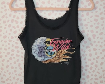 Vintage 1990 Harley Davidson Forever Wild 3D Emblem Tank Top, Lace Trim, Women's Size Large