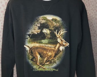 White Tail Deer Country & Bass Fishing Crew Neck Sweatshirt, Vintage Black Jerzees Men's Size Large Sweatshirt, Sportsman Outdoor