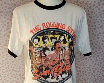 Rolling Stones Some Girls Retro Ringer Tee, White & Brown, High Quality Men's Size Ringer Tee by Rock Off