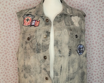 Distressed Gray Acid Wash Jean Jacket Vest with Patches, Live to Ride, Men's Size 2X