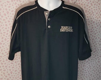 Harley Davidson 3 Button Short Sleeve Henley, Killer Creek Harley Davidson, Roswell GA, Two Tone, Embroidered on Front & Back, Men's Size XL