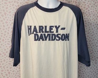 Harley Davidson Embroidered Raglan, White & Navy Blue, Ft. Wayne, IN, Men's Size XL, Oversize Fit