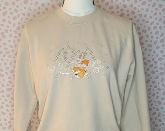 Vintage 90's Embroidered Sweatshirt, Winter Foxes, White Collar Trim, Rhinestones, Men's Size Med, From Our Vintage Recycle Wear Collection
