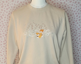 Vintage 90's Embroidered Sweatshirt, Winter Foxes, White Collar Trim, Rhinestones, Men's Size Med, From Our Vintage Recycle Wear Collection