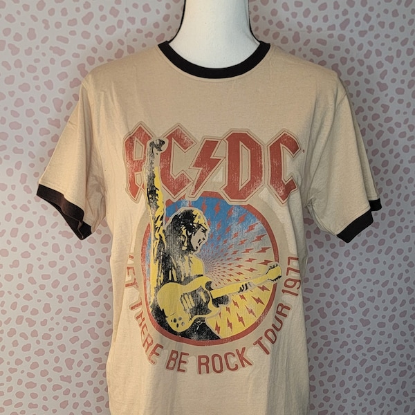 ACDC Let There Be Rock Tour 1977 Vintage Style Ringer Band Tee, Beige & Brown, Men's Size, High Quality Ringer Band Tee by Rock Off
