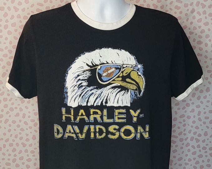Featured listing image: Harley Davidson Vintage Ringer Tee, Black & White Ringer, Harley Eagle with Mirrored Aviators, Men's Size Large