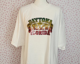 Daytona Beach Florida Vintage Glitter Iron On Tee, White Gildan Heavy Cotton Men's Size 2X