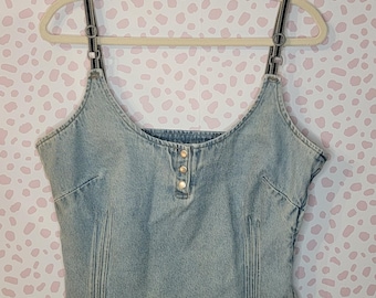 Vintage Denim Corset Tank Top, Adjustable Straps, Side Zip, Jeanology Women's Size 14