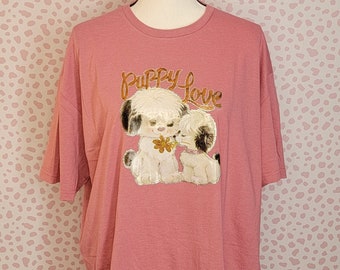 Vintage Puppy Love Dog Glitter Iron On Tee, Gildan Softstyle CVC Plumrose T-Shirt, Size XL