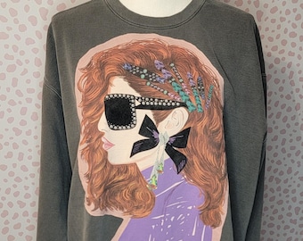 Retro 80s Girl Cropped Sweatshirt - Comfort Colors XL - Upcycled