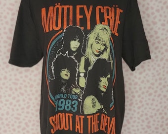 Motley Crue Shout At The Devil World Tour '83 Vintage Style Tee in Men's Size Gildan Softstyle Concert Tee by Rock Off