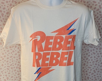Rebel Rebel Classic Bowie's Iconic Red & Blue Lightning Bolt Vintage Style Band Tee, Men's Size, High Quality Tee by Goodie Two Sleeves