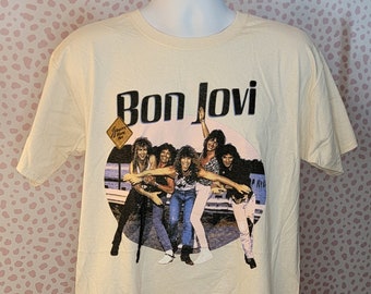 Bon Jovi Slippery When Wet Band Tee, Antique White, Natural, Softstyle Men's Size Tee, By Rock Off