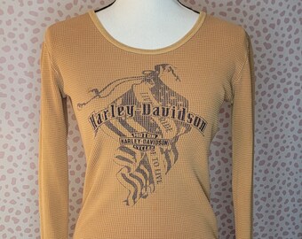 Harley Davidson Vintage Fitted Waffle Thermal Long Sleeve Shirt, Biker Blues Women's Size Small. Live to Ride