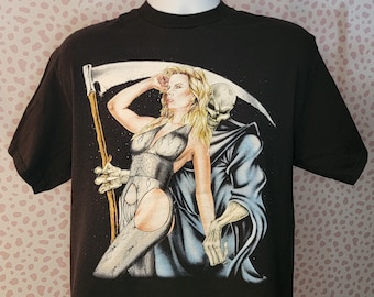 Grim Reaper with Sexy Woman Vintage Tee, Men's Size Large, From Our Vintage Recycle Wear Collection