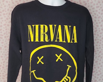 Nirvana Yellow Happy Face Sweatshirt, Navy Blue Men's Size Quality Sweatshirt by Rock Off