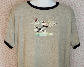 Sylvester the Cat Vintage Ringer Tee, Sylvester the Cat Chasing Butterflies Iron On, Gray & Navy Blue Ringer T-shirt, Men's Size 2X