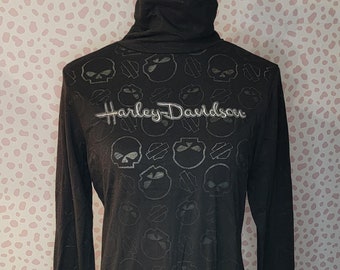 Harley Davidson Turtle Neck, All Over See-Through Skulls, Embroidered on front & back, Chesapeake HD of Darlington, MD, Women's Size XL