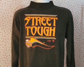 3D Emblem 1989 Harley Davidson Long Sleeve Shirt, Street Tough, Mock Neck, Print on Back, Fort Worth Texas, Fort Washington Men's Size Large