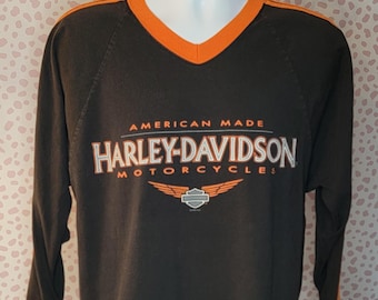 90's Vintage Harley Davidson Long Sleeve V-Neck Shirt, HD of Reno Nevada, Orange Stripes along both sleeves, Back Print, Men's Size Large