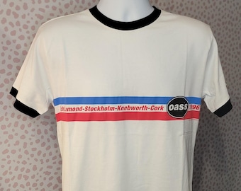 Oasis Ringer 1996 Vintage Style Tee, Men's Size, High Quality White & Black Ringer T-Shirt by Rock Off