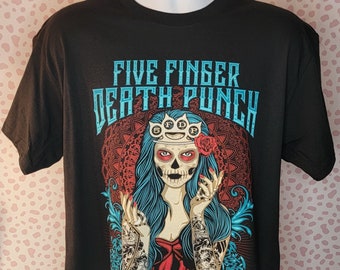 Five Finger Death Punch Lady Muerta Concert Tee, 5FDP Lady Death, High Quality Gildan Heavy Cotton Men's Size Tee by Rock Off