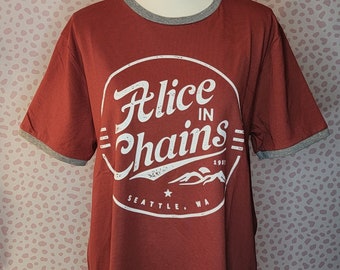 Alice In Chains Ringer Tee, Circle Emblem, Seattle WA Band Tee, Maroon & Gray Ringer Tee, Men's Size by Rock Off