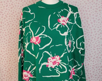 Oversize Floral Knit Sweater, Soft & Thick Sweater, Grunge Fairy Wear, Green, Hot Pink, White, Men's Size Medium, Oversize Fit