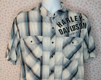 Harley Davidson Plaid Snap Short Sleeve Shirt, Logo on Sleeve, Men's Size Large