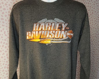 Harley Davidson Sweatshirt, Shiawassee HD, Birch Run, MI, Dark Gray Sweatshirt, Print on back & along both sleeves, Men's Size Medium