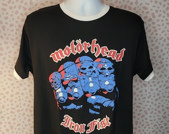 Motorhead Iron Fist Retro Ringer Tee, Black & White, High Quality Men's Size Ringer Tee by Rock Off