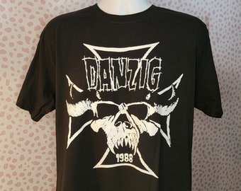 Danzig Iron Cross Skull Band Tee, 1988, Black Concert T-Shirt, High Quality Men's Size Tee by Rock Off